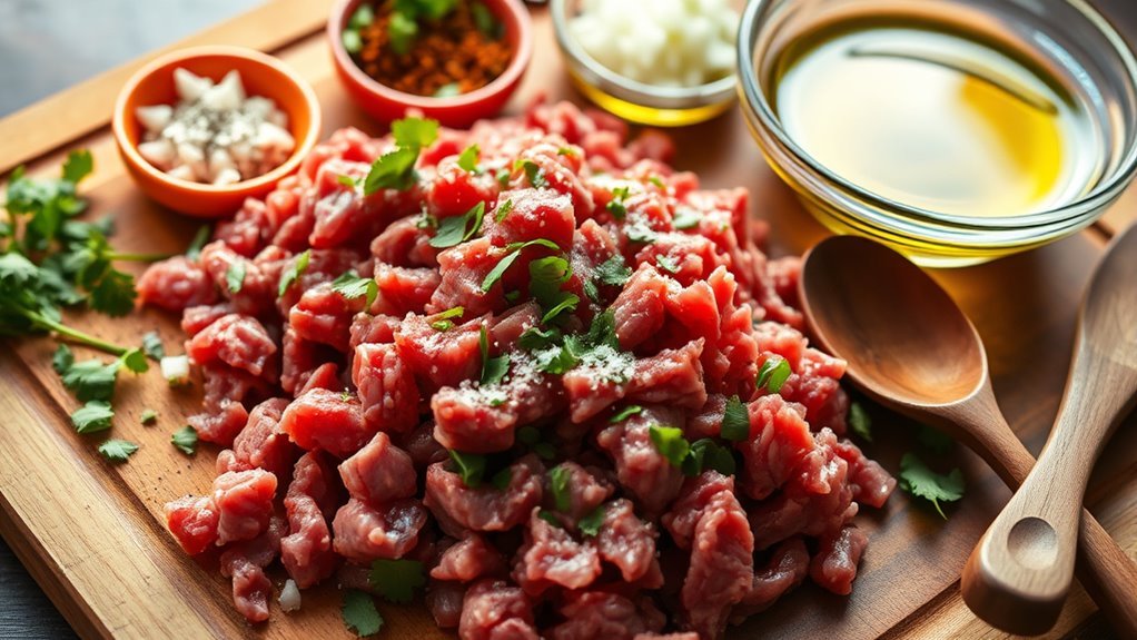 season beef with spices and herbs